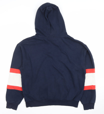 Monki Unisex Blue Small Pullover Hoodie with Red Stripe Sleeves