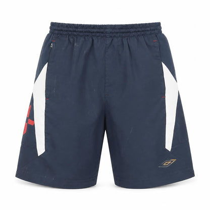 Front view of Umbro boys’ blue athletic football shorts, size 146, quick dry sportswear