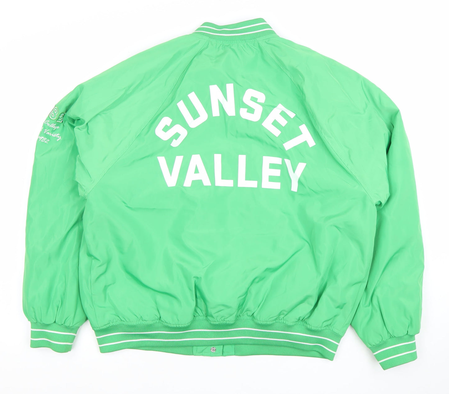 H&M Divided Women Green Varsity Bomber Jacket Size M Sunset Valley