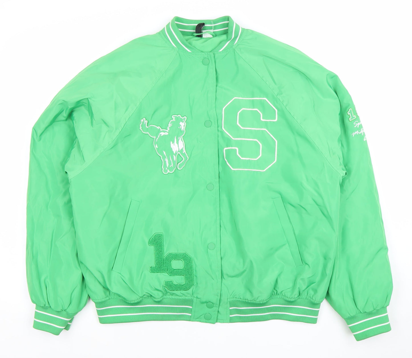 H&M Divided Women Green Varsity Bomber Jacket Size M Sunset Valley