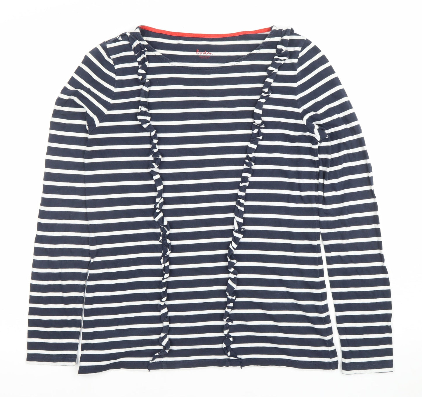 Boden Women’s Navy White Striped Ruffle Cotton Long Sleeve Top UK 10