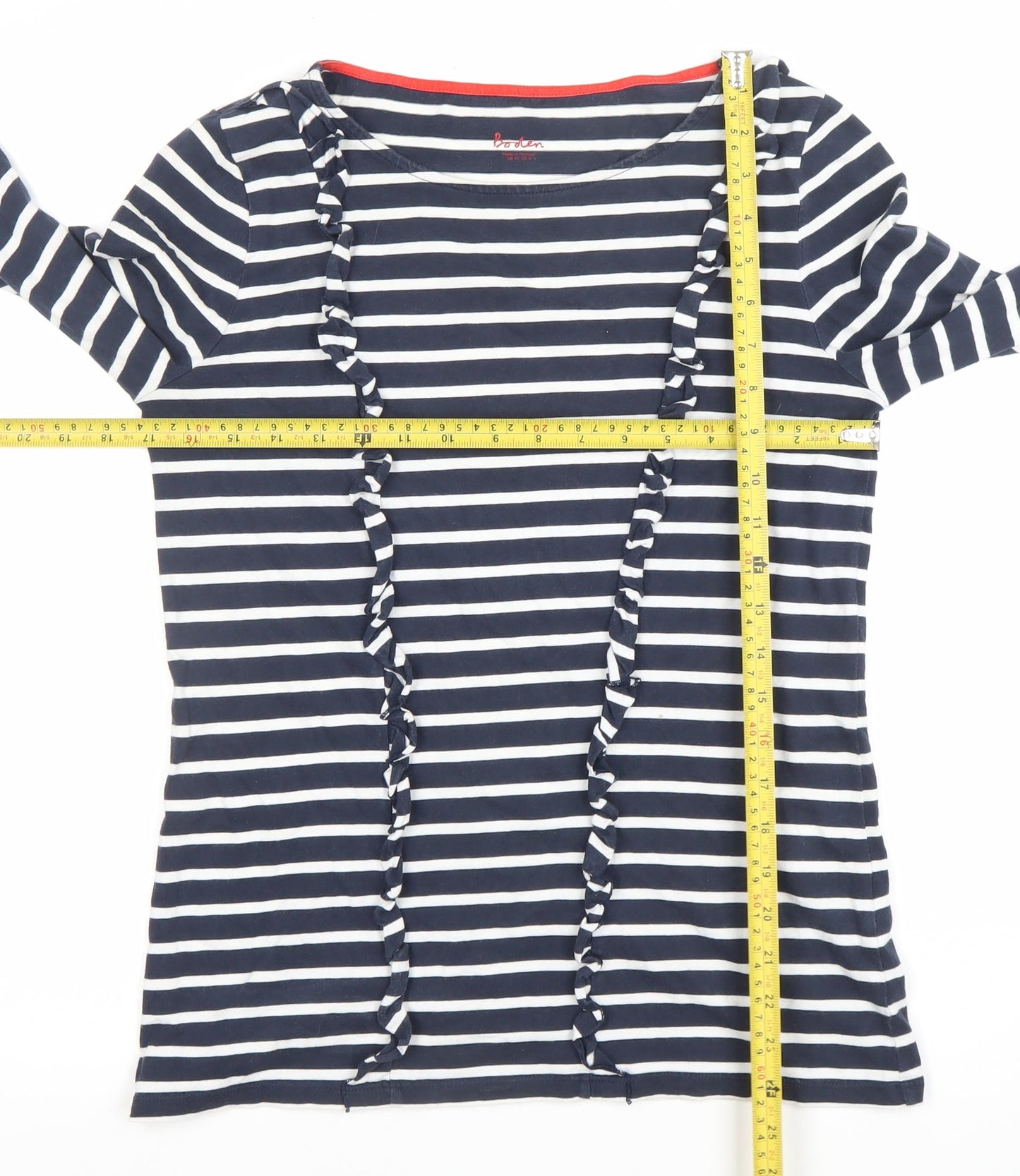 Boden Women’s Navy White Striped Ruffle Cotton Long Sleeve Top UK 10