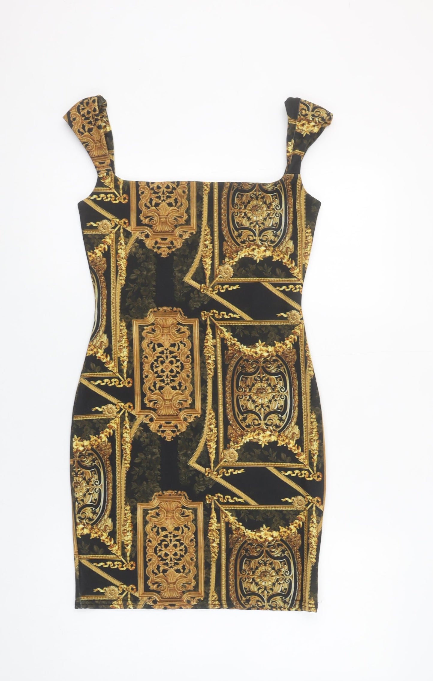 PrettyLittleThing Women's Black Gold Baroque Bodycon Dress Size 10