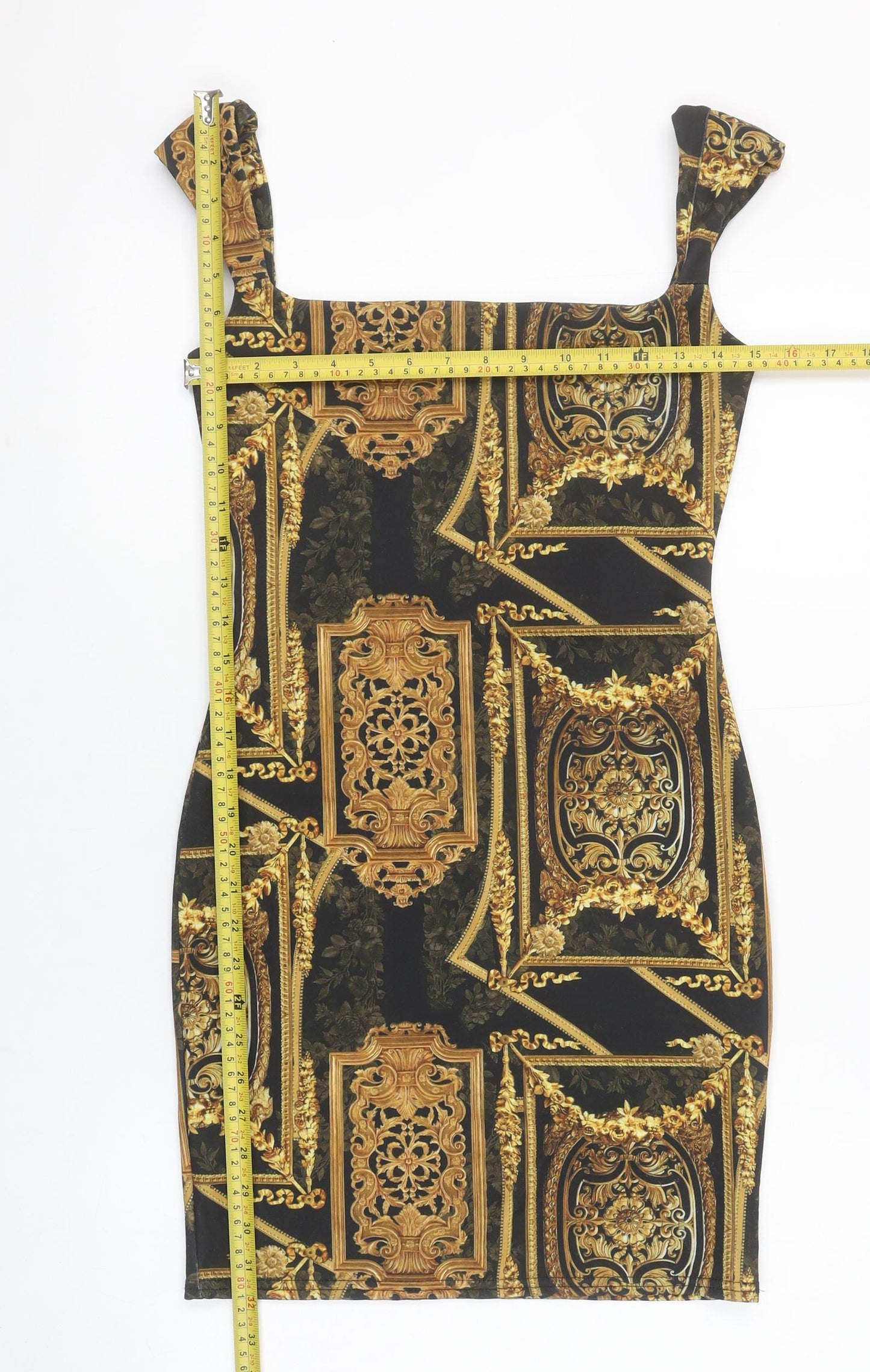 PrettyLittleThing Women's Black Gold Baroque Bodycon Dress Size 10