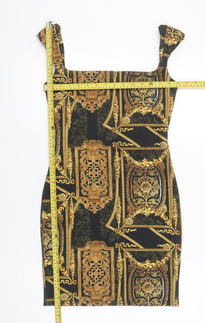 PrettyLittleThing Women's Black Gold Baroque Bodycon Dress Size 10