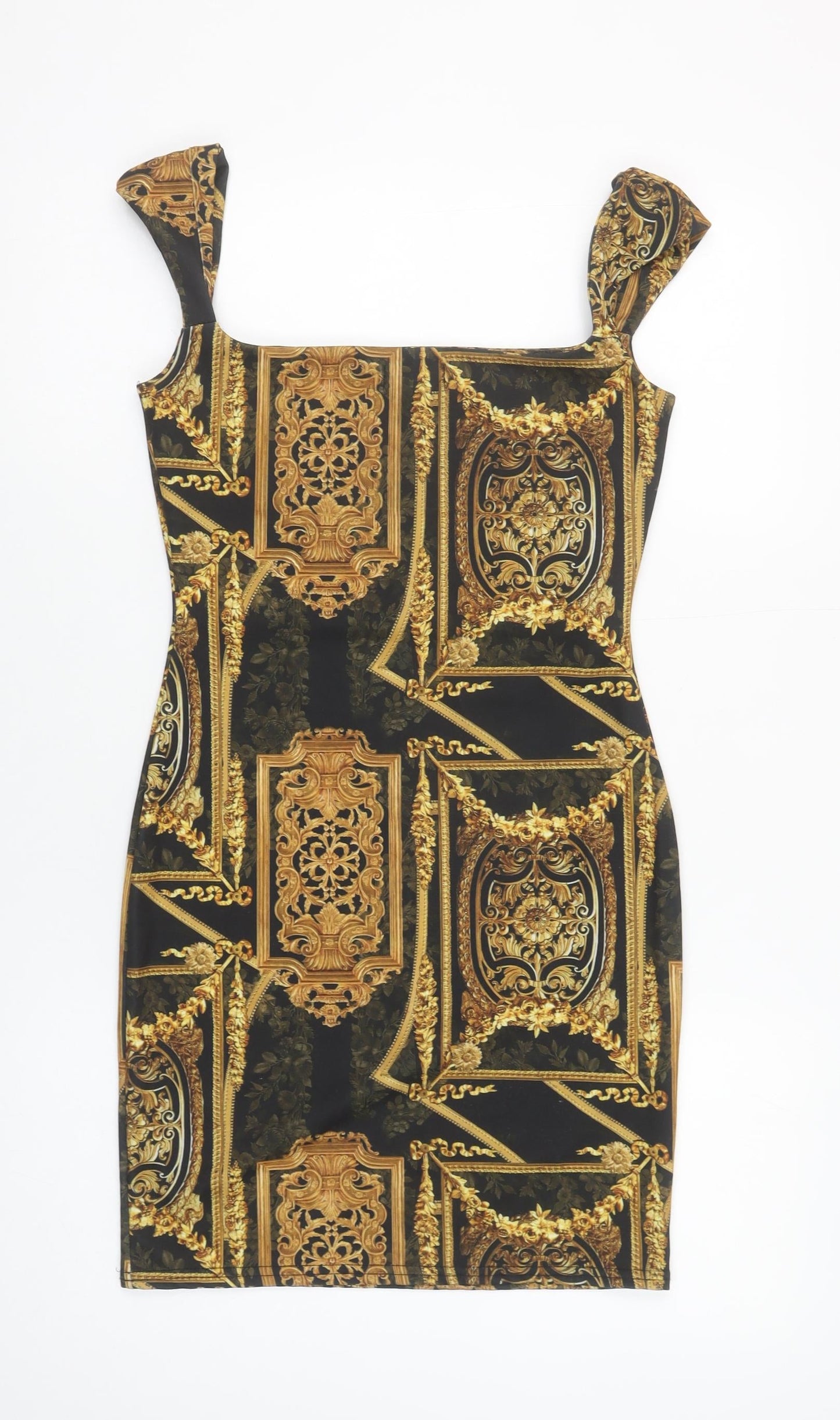 PrettyLittleThing Women's Black Gold Baroque Bodycon Dress Size 10
