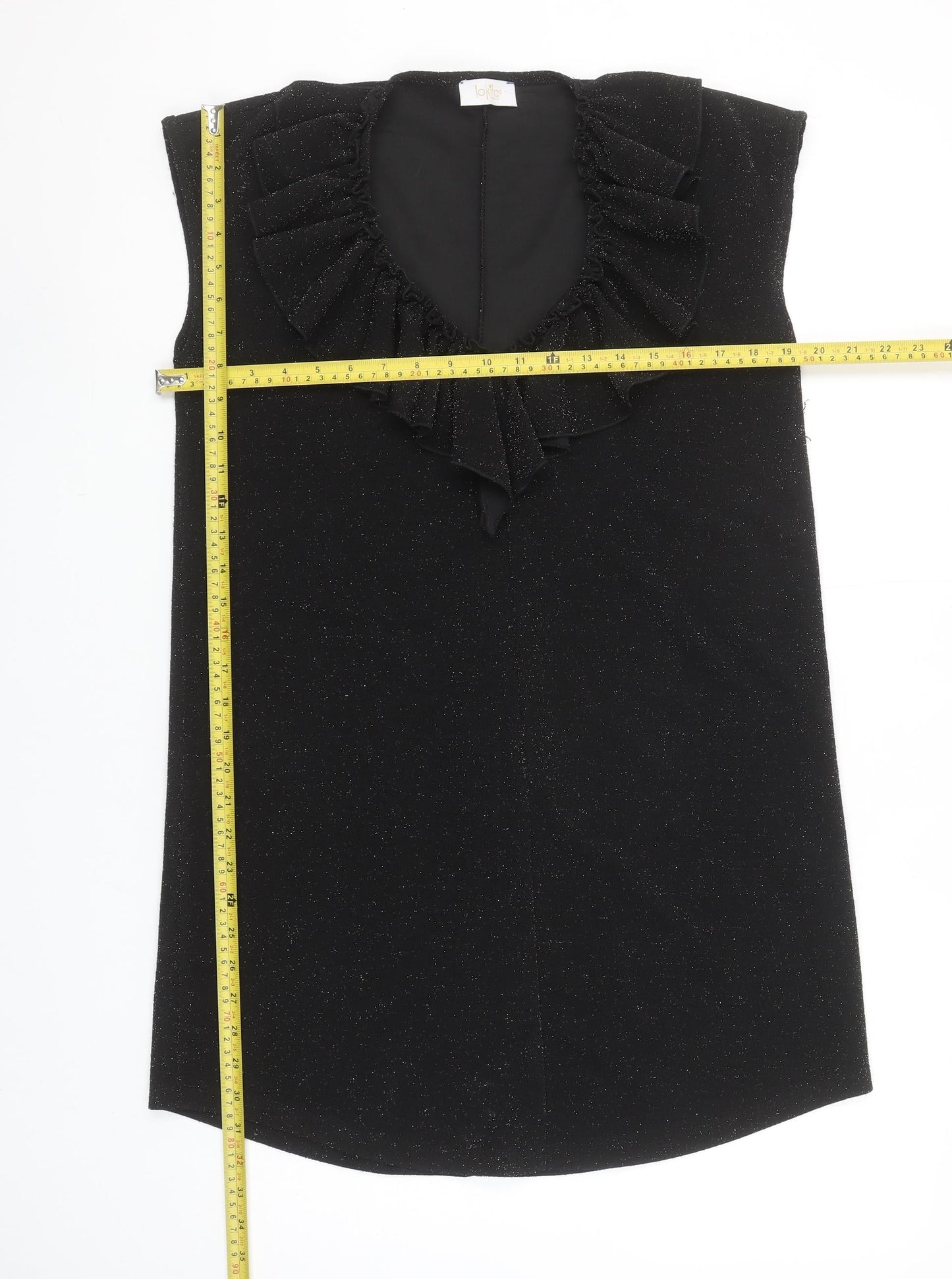 Lokita Milano Women Black M Shift Party Dress Ruffle Glitter Sleeveless