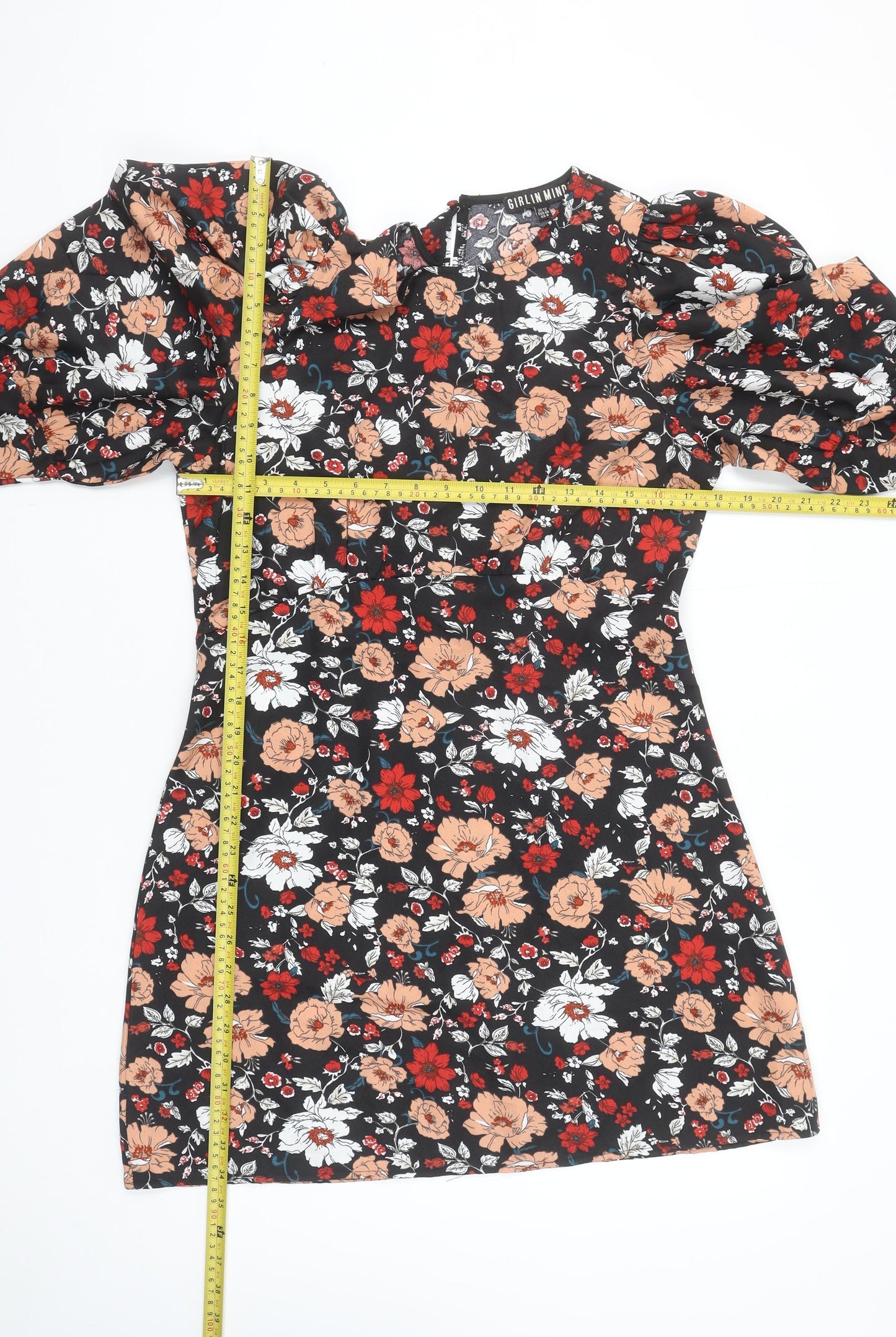 Girl In Mind Women's Black Floral Puff Sleeve Bodycon Dress UK12
