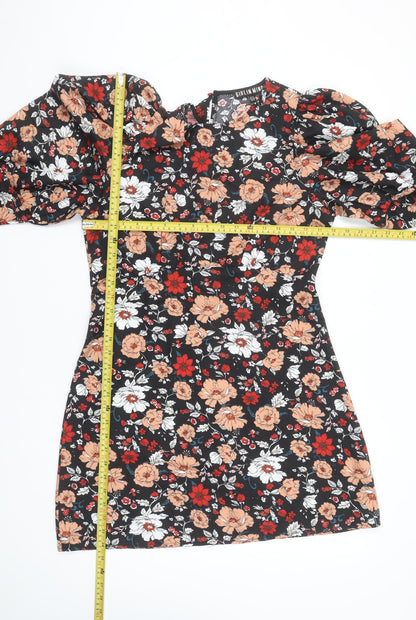 Girl In Mind Women's Black Floral Puff Sleeve Bodycon Dress UK12