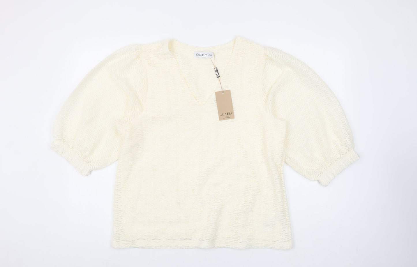 Gallery Women Ivory Lace V-Neck Puff Sleeve Blouse Size M