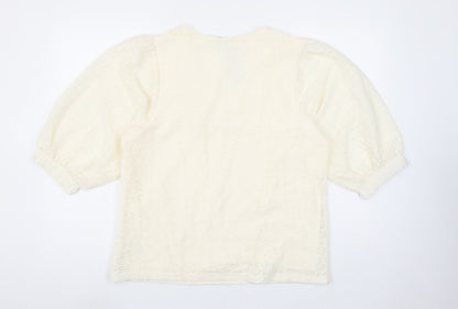 Gallery Women Ivory Lace V-Neck Puff Sleeve Blouse Size M