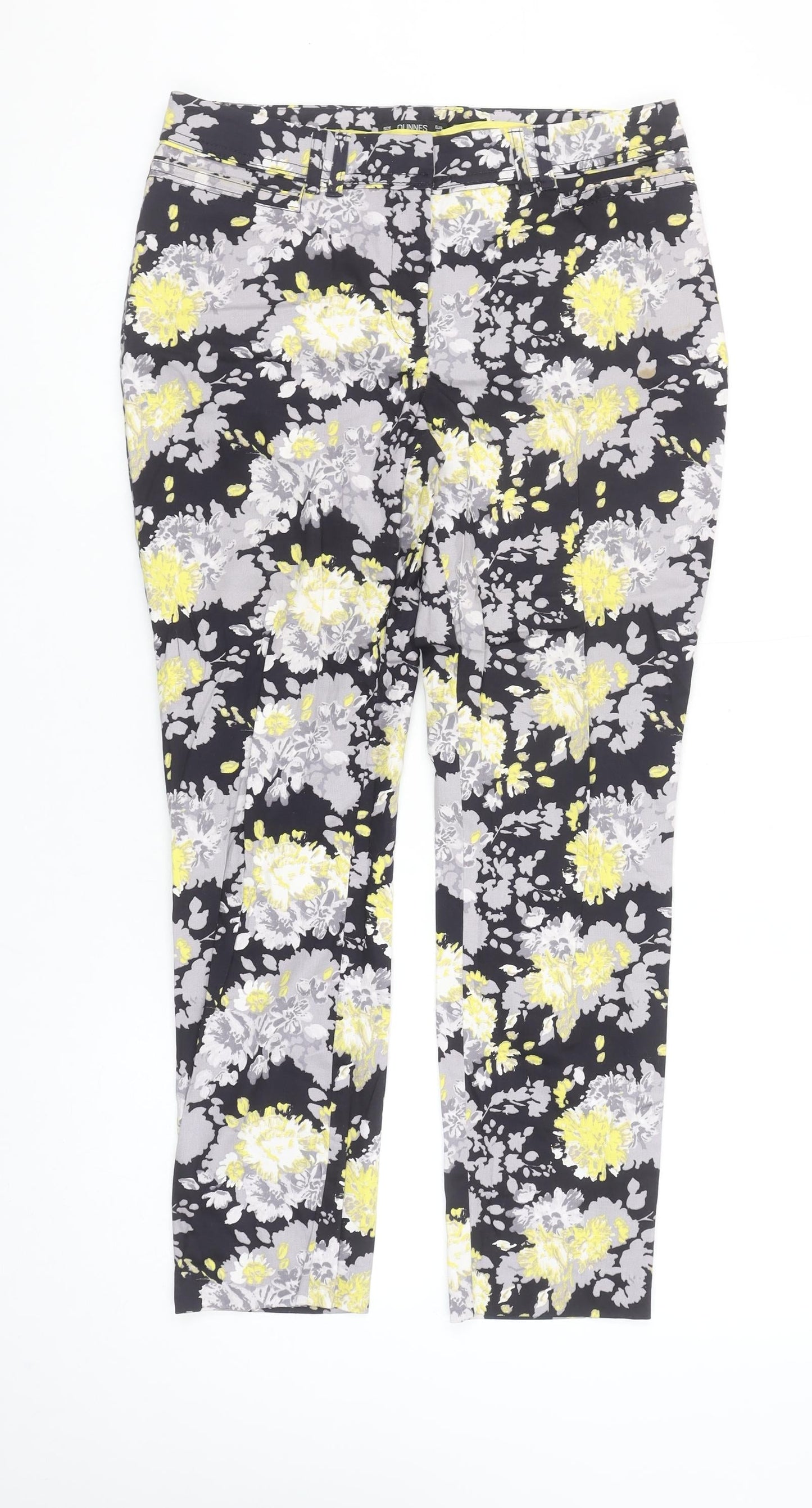 Dunnes Women Floral Print Cropped Trousers Black Yellow Size 10 Cotton Stretch