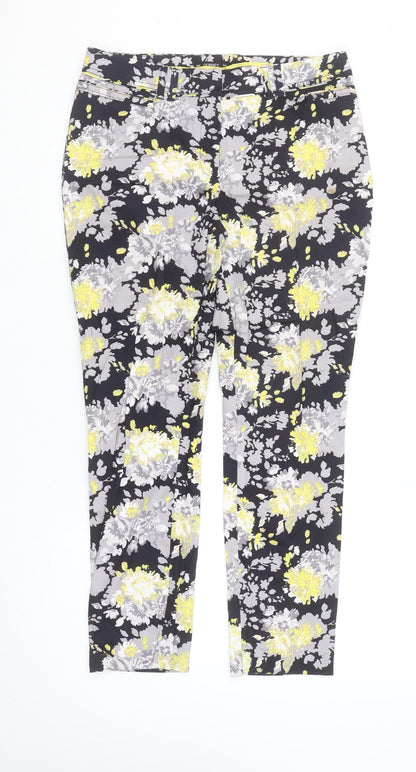 Dunnes Women Floral Print Cropped Trousers Black Yellow Size 10 Cotton Stretch