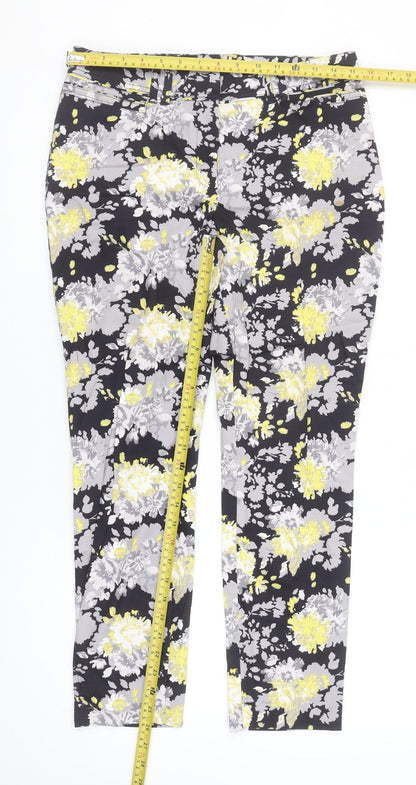 Dunnes Women Floral Print Cropped Trousers Black Yellow Size 10 Cotton Stretch
