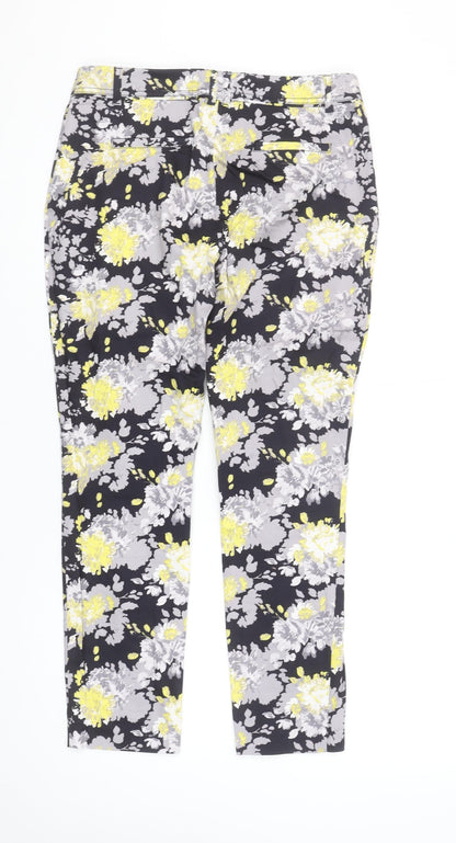 Dunnes Women Floral Print Cropped Trousers Black Yellow Size 10 Cotton Stretch