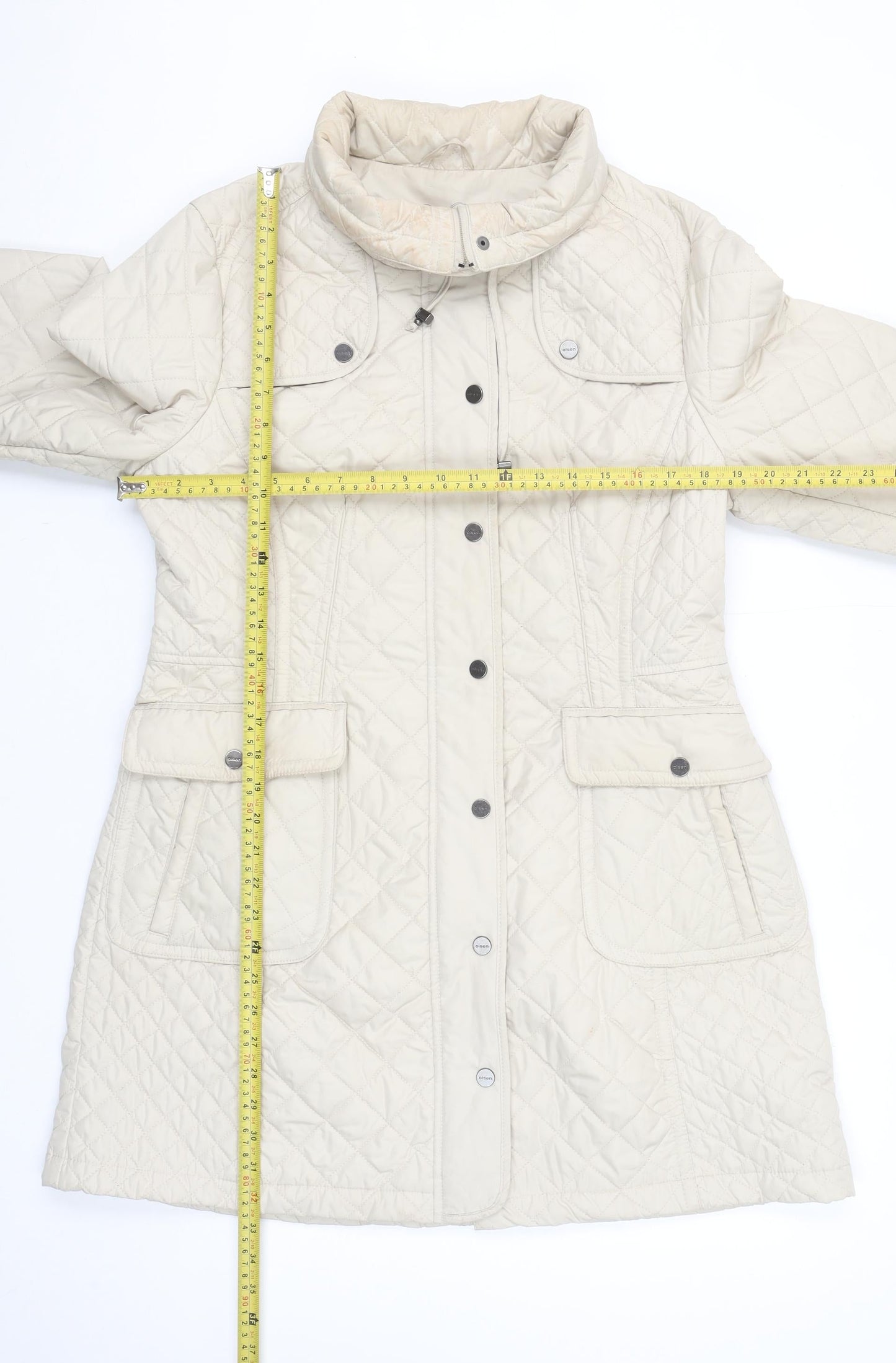 Olsen Womens Beige Quilted Mid-Length Coat Size 14