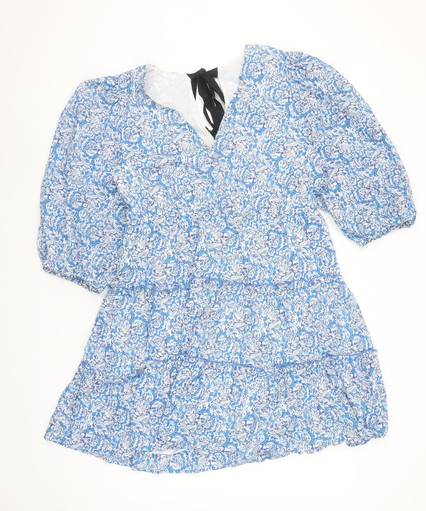 Savida Women's Blue Floral A-Line Cotton Short Dress Size 16