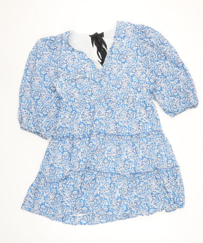 Savida Women's Blue Floral A-Line Cotton Short Dress Size 16