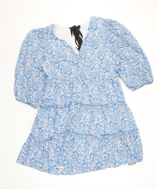 Savida Women's Blue Floral A-Line Cotton Short Dress Size 16