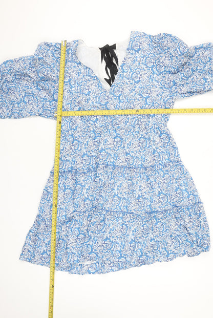 Savida Women's Blue Floral A-Line Cotton Short Dress Size 16