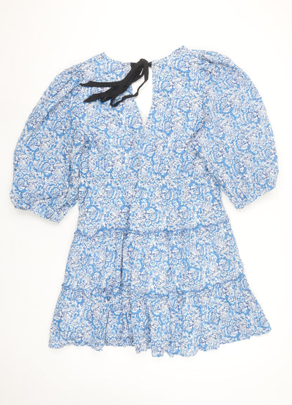 Savida Women's Blue Floral A-Line Cotton Short Dress Size 16