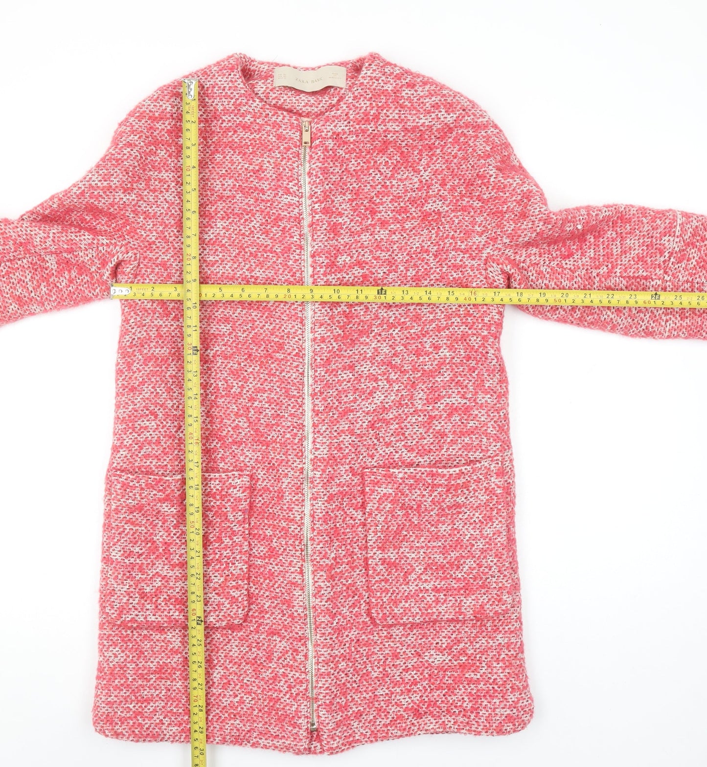 Zara Basic Women's Pink Tweed Mid-Length Zip Coat Size 14