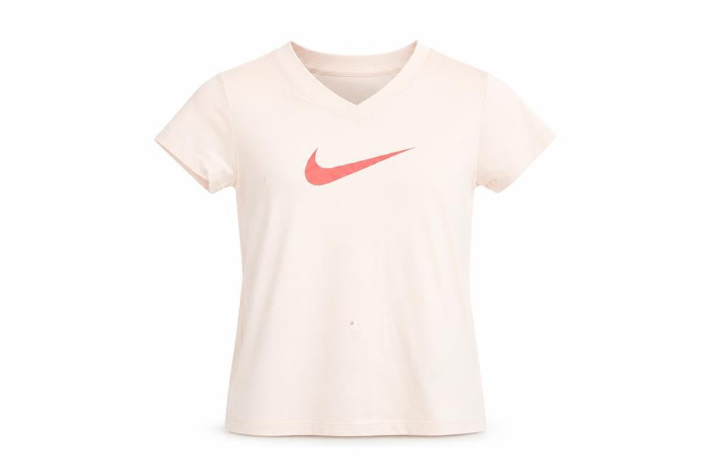 Front view of Nike Teens Pink Dri-Fit V-Neck Sports T-Shirt, size XS