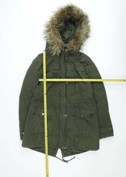 New Look Women’s Green Faux Fur Trim Parka Coat Size 12