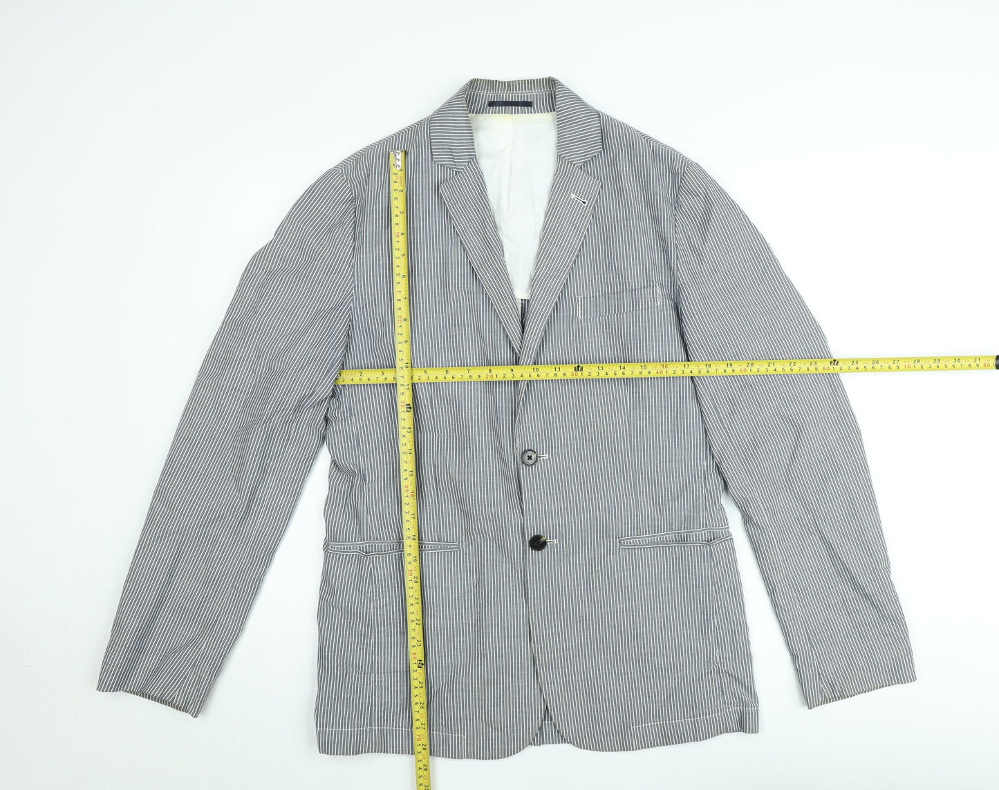 French Connection Men's Grey & White Striped Slim Fit Cotton Blazer M