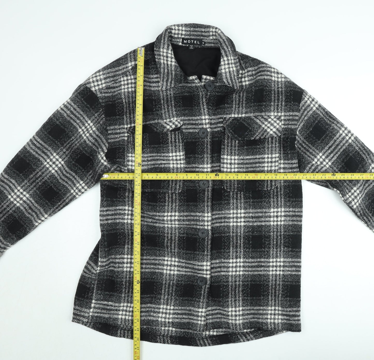 Motel Women’s Black Check Shacket Jacket Size M Checked Button Up Coat