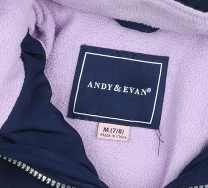 Andy & Evan Girls Blue Hooded Mid-Length Puffer Coat 7-8 Years Winter