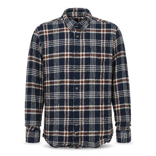 Front view of Dunnes Men's Navy Brown Check Flannel Cotton Button-Up Shirt L Regular Fit