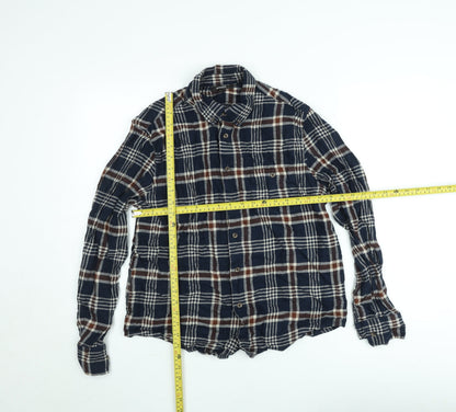 Dunnes Stores Men's Navy Brown Check Flannel Cotton Button-Up Shirt L Regular Fit