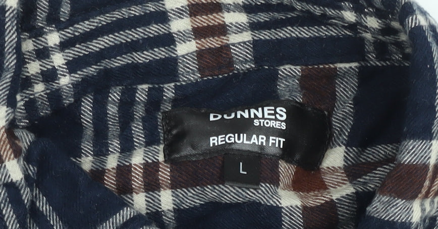 Dunnes Stores Men's Navy Brown Check Flannel Cotton Button-Up Shirt L Regular Fit