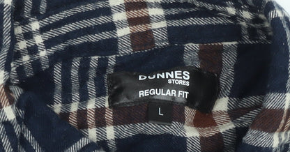 Dunnes Stores Men's Navy Brown Check Flannel Cotton Button-Up Shirt L Regular Fit