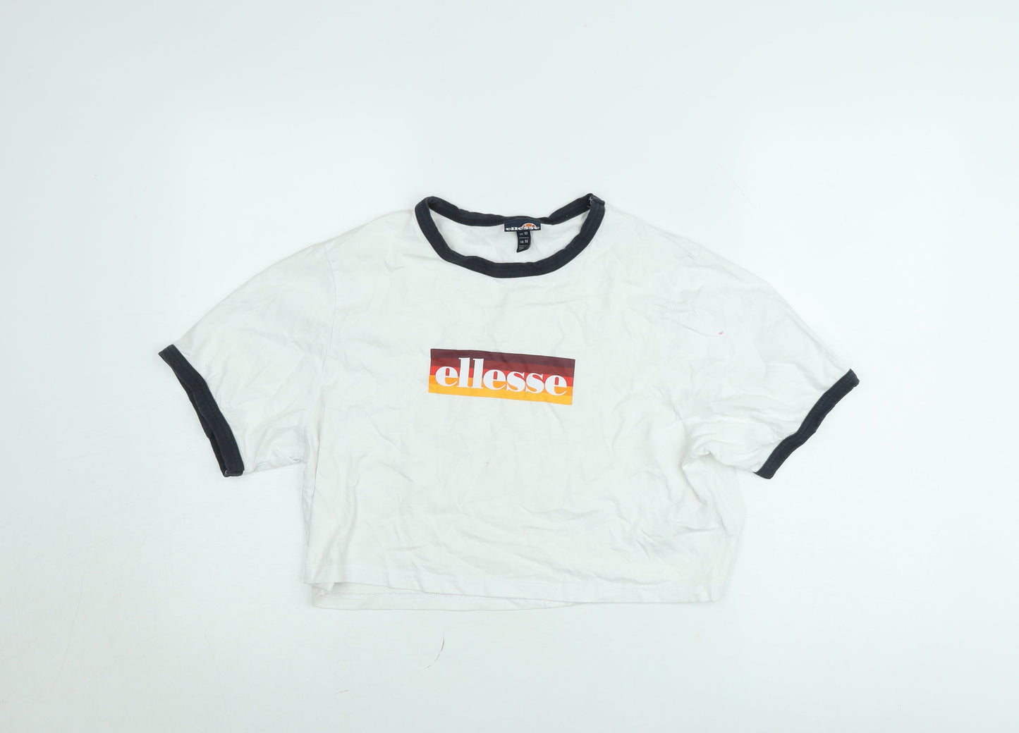 Ellesse Women's White Cropped Ringer T-Shirt UK 14 Retro Style