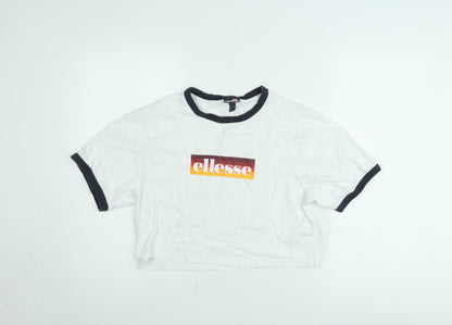 Ellesse Women's White Cropped Ringer T-Shirt UK 14 Retro Style