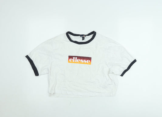 Ellesse Women's White Cropped Ringer T-Shirt UK 14 Retro Style