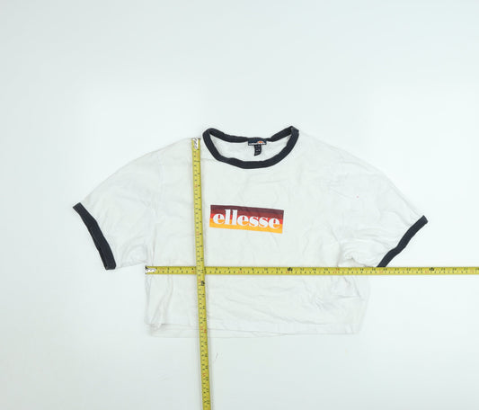 Ellesse Women's White Cropped Ringer T-Shirt UK 14 Retro Style