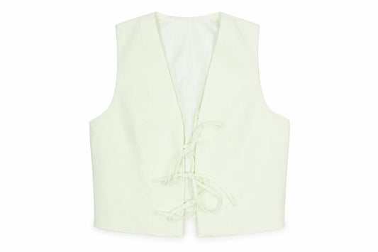 Front view of Missguided Women’s Ivory Cropped Lace Up Sleeveless Blouse, size S