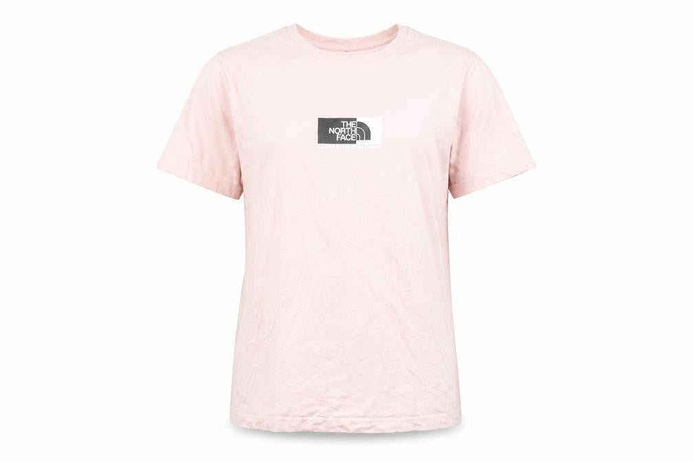Front view of The North Face girls’ pink xl lightweight cotton logo t-shirt