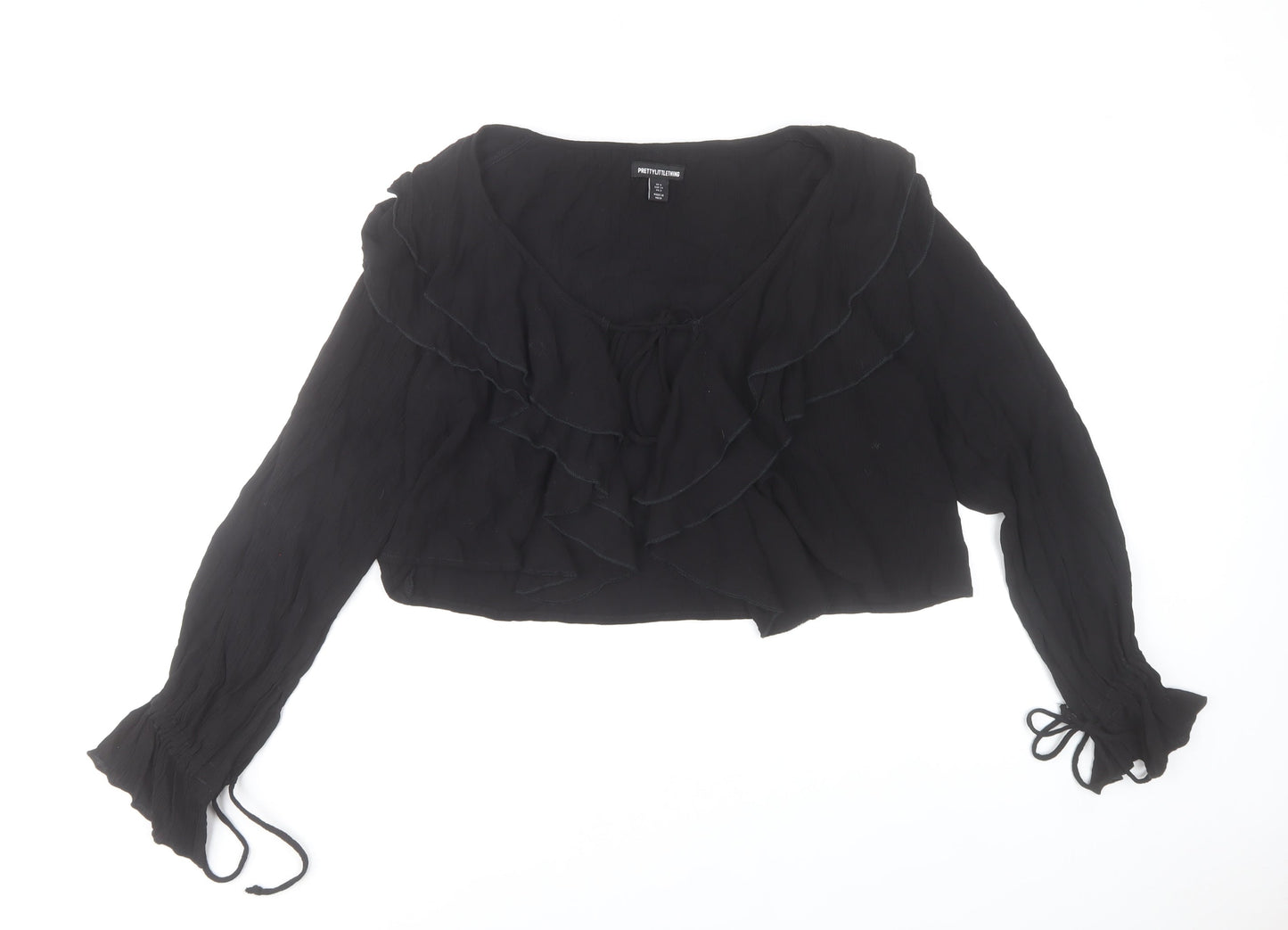 PrettyLittleThing Women's Black Ruffle Long Sleeve Cropped Blouse Size 6