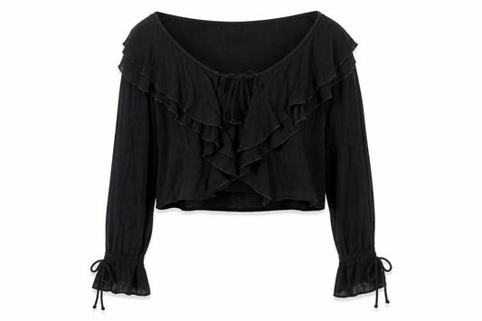PrettyLittleThing Women's Black Ruffle Long Sleeve Cropped Blouse Size 6