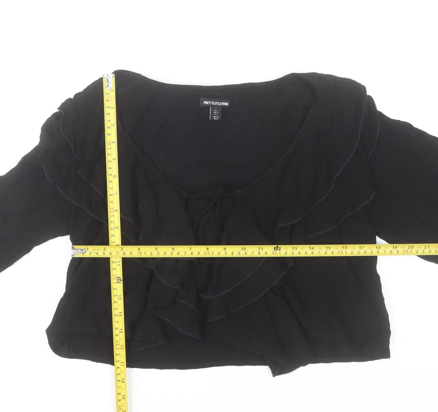 PrettyLittleThing Women's Black Ruffle Long Sleeve Cropped Blouse Size 6