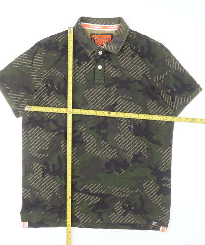 Superdry Men's Green Camouflage Polo Shirt 2XL Regular Fit Cotton