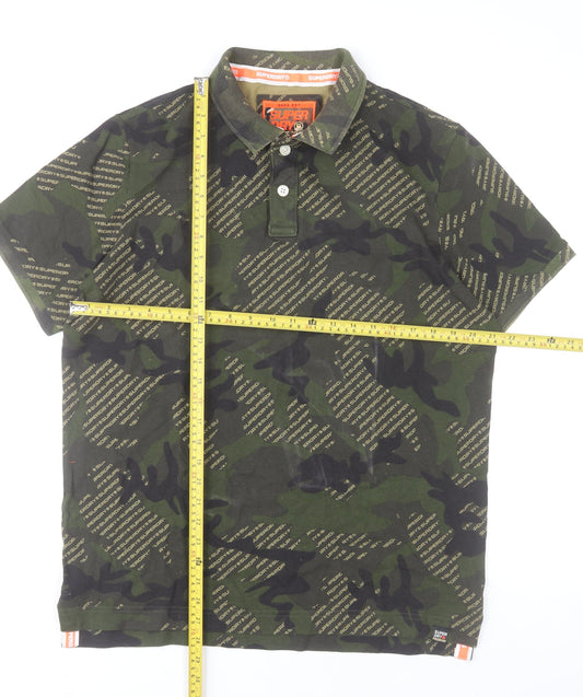 Superdry Men's Green Camouflage Polo Shirt 2XL Regular Fit Cotton