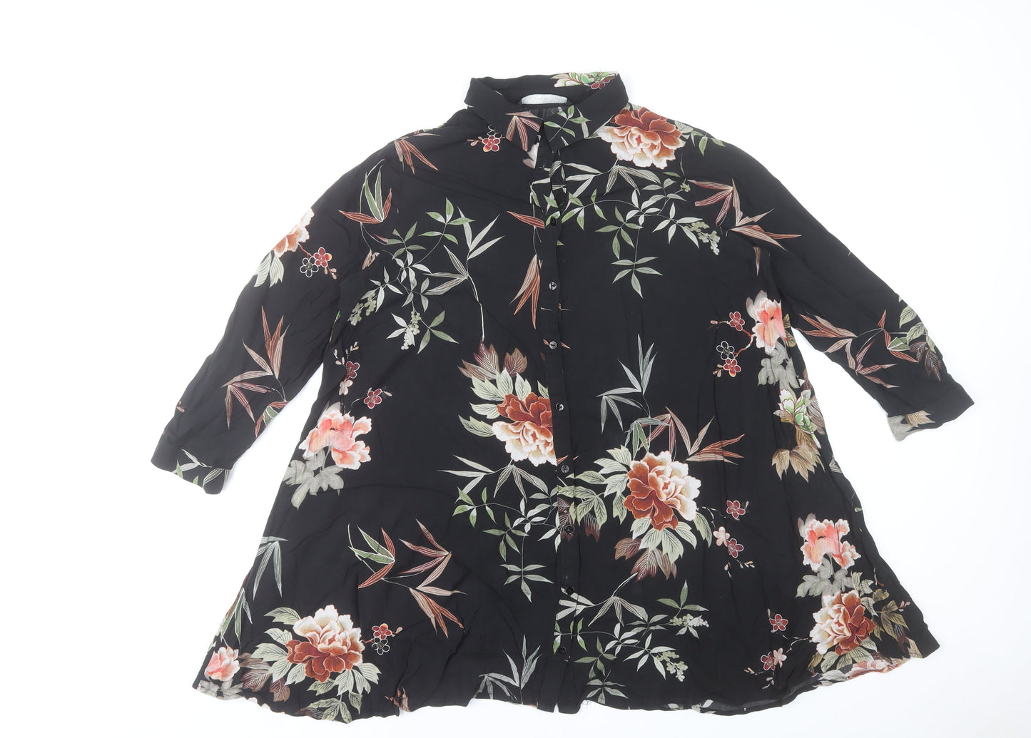 Zara Woman Black Floral Button-Up Tunic Shirt 3/4 Sleeve Size S
