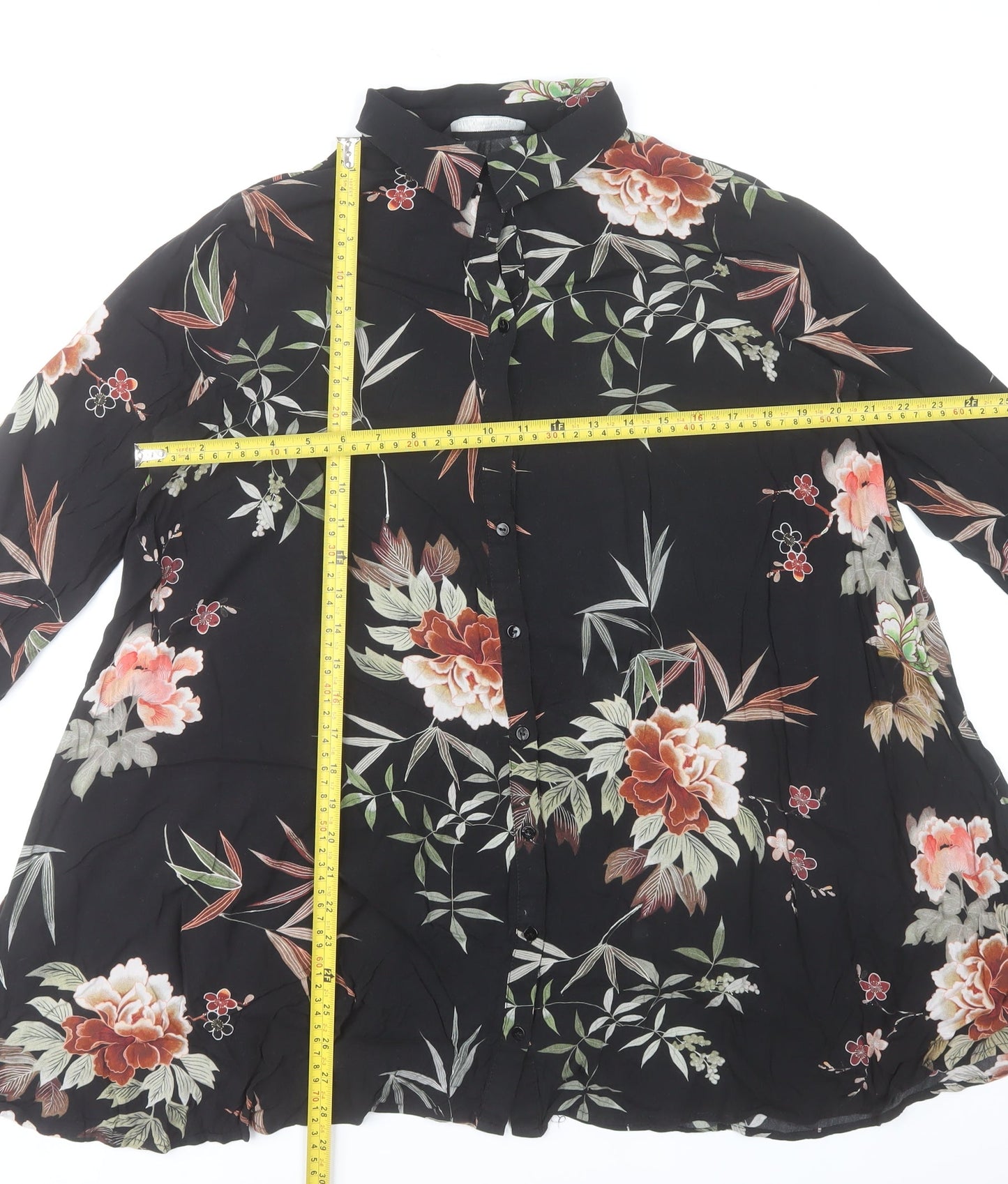 Zara Woman Black Floral Button-Up Tunic Shirt 3/4 Sleeve Size S