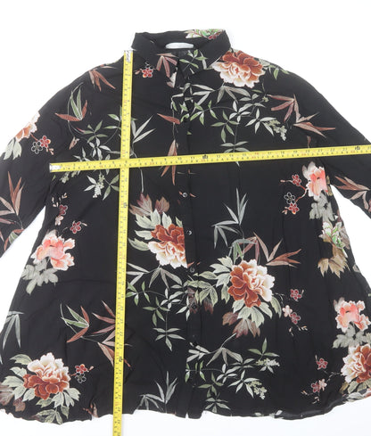 Zara Woman Black Floral Button-Up Tunic Shirt 3/4 Sleeve Size S