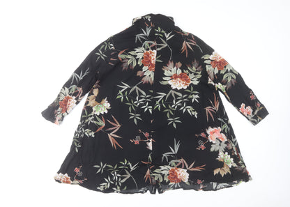 Zara Woman Black Floral Button-Up Tunic Shirt 3/4 Sleeve Size S
